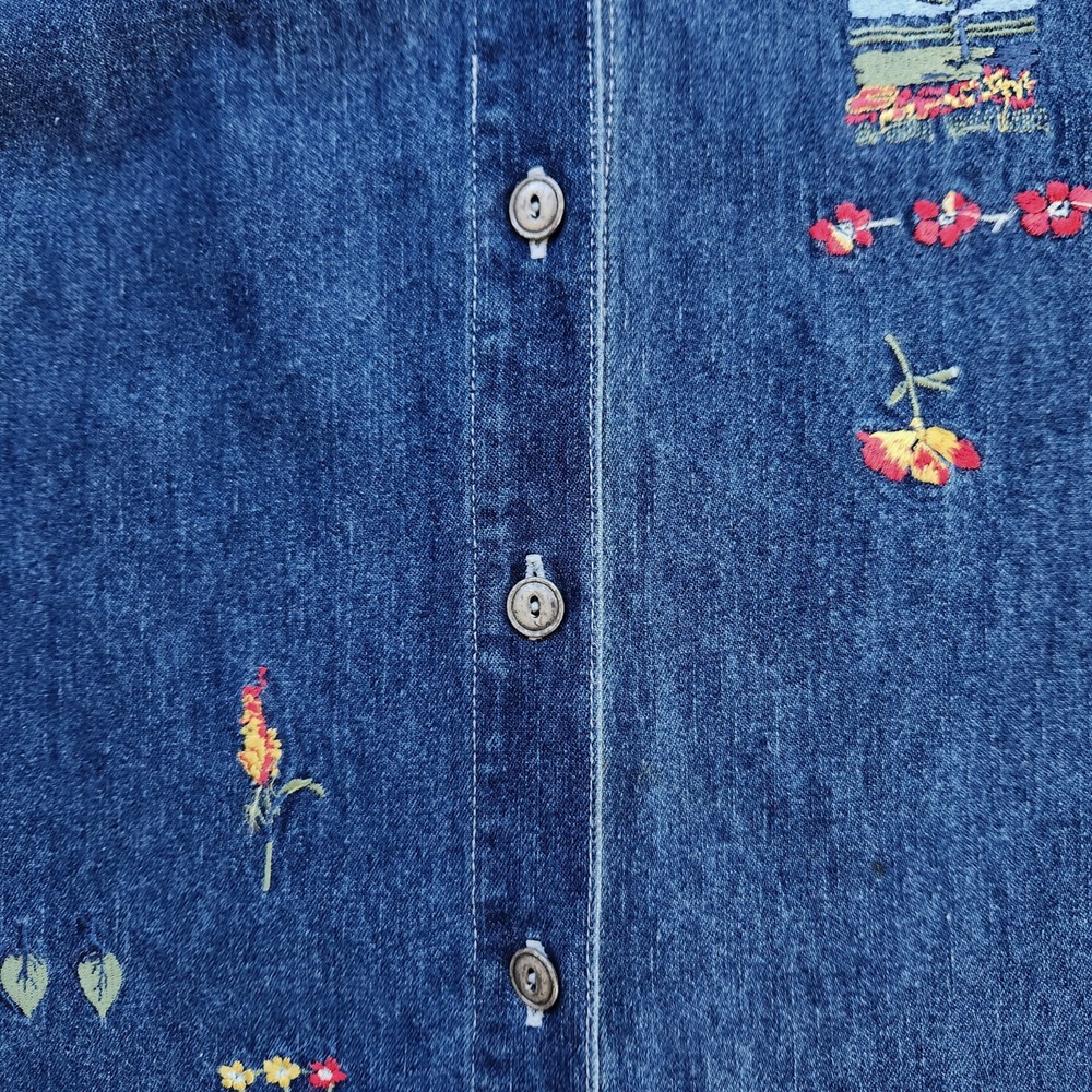 90s Cottagecore Denim Shirt Size XL Embroidered Short Sleeve Grandma Garden - Picture 7 of 10
